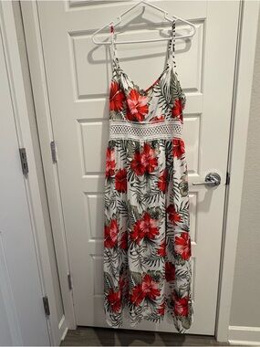 SHEIN Tropical Floral Lace Waist Cami Maxi Dress Slit Boho Sundress L